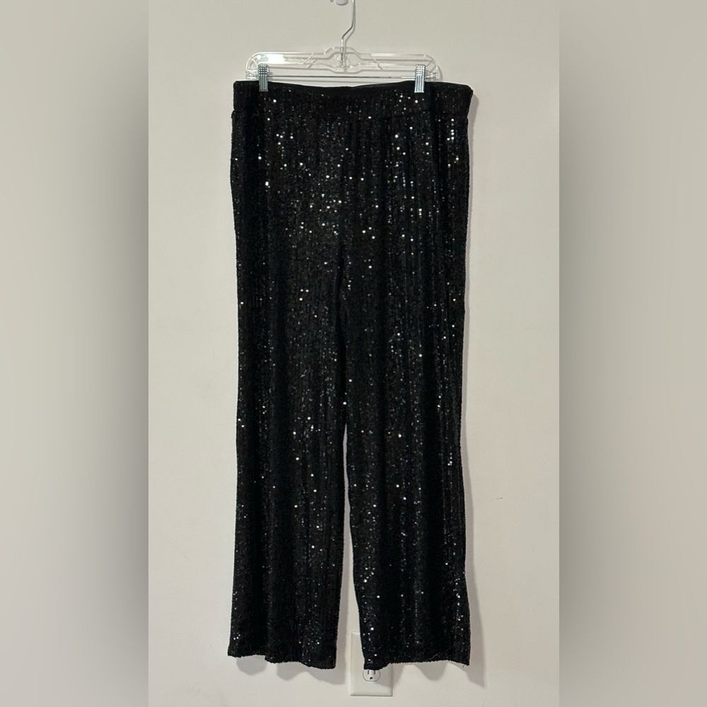Chico's Black Label Sequin Wide Leg Pants Size‎ 16 Black  Pull On Holidays Party